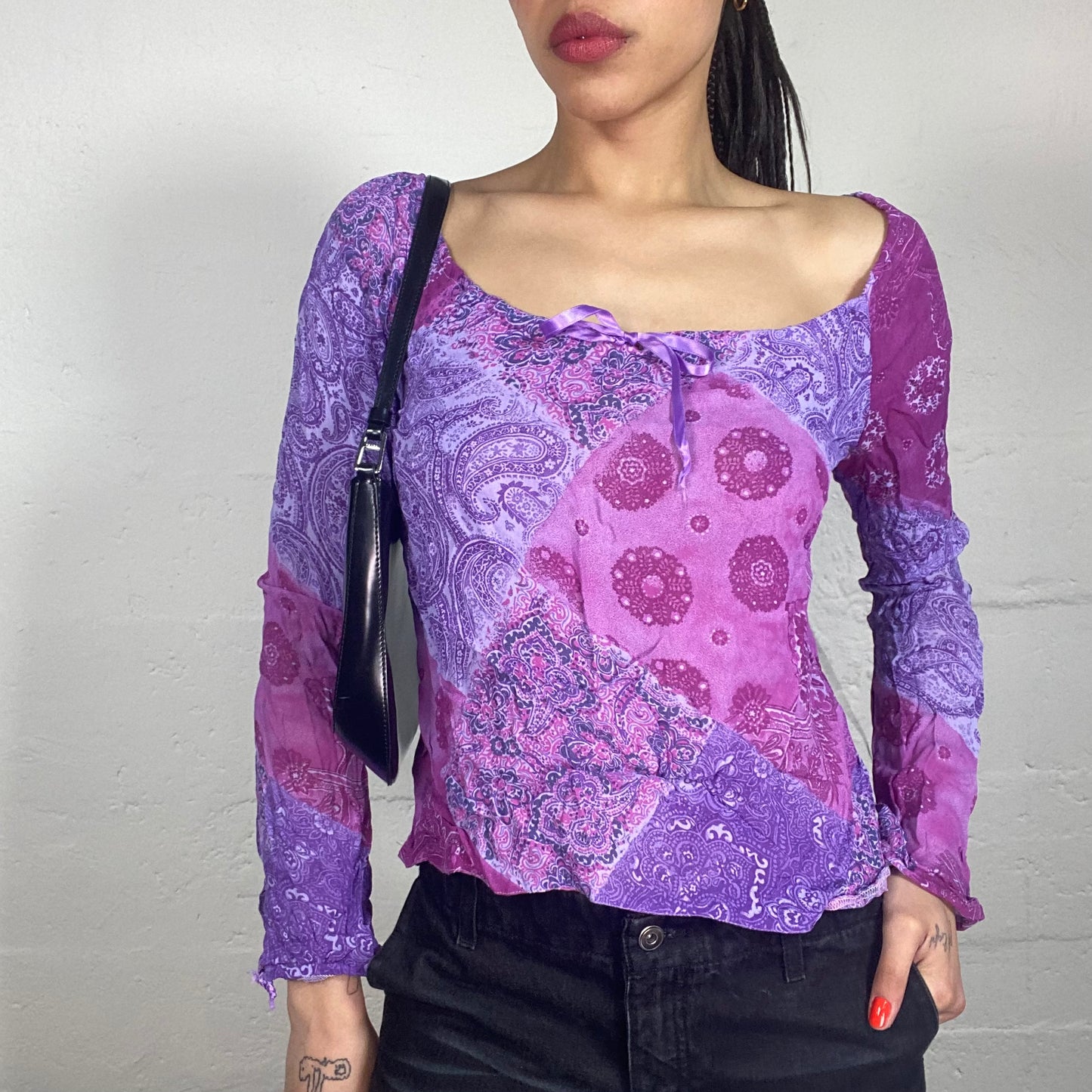 Vintage 90's Indie Romantic Purple Printed Longsleeve Shirt with Mandala Print and Ribbon Detail (M)