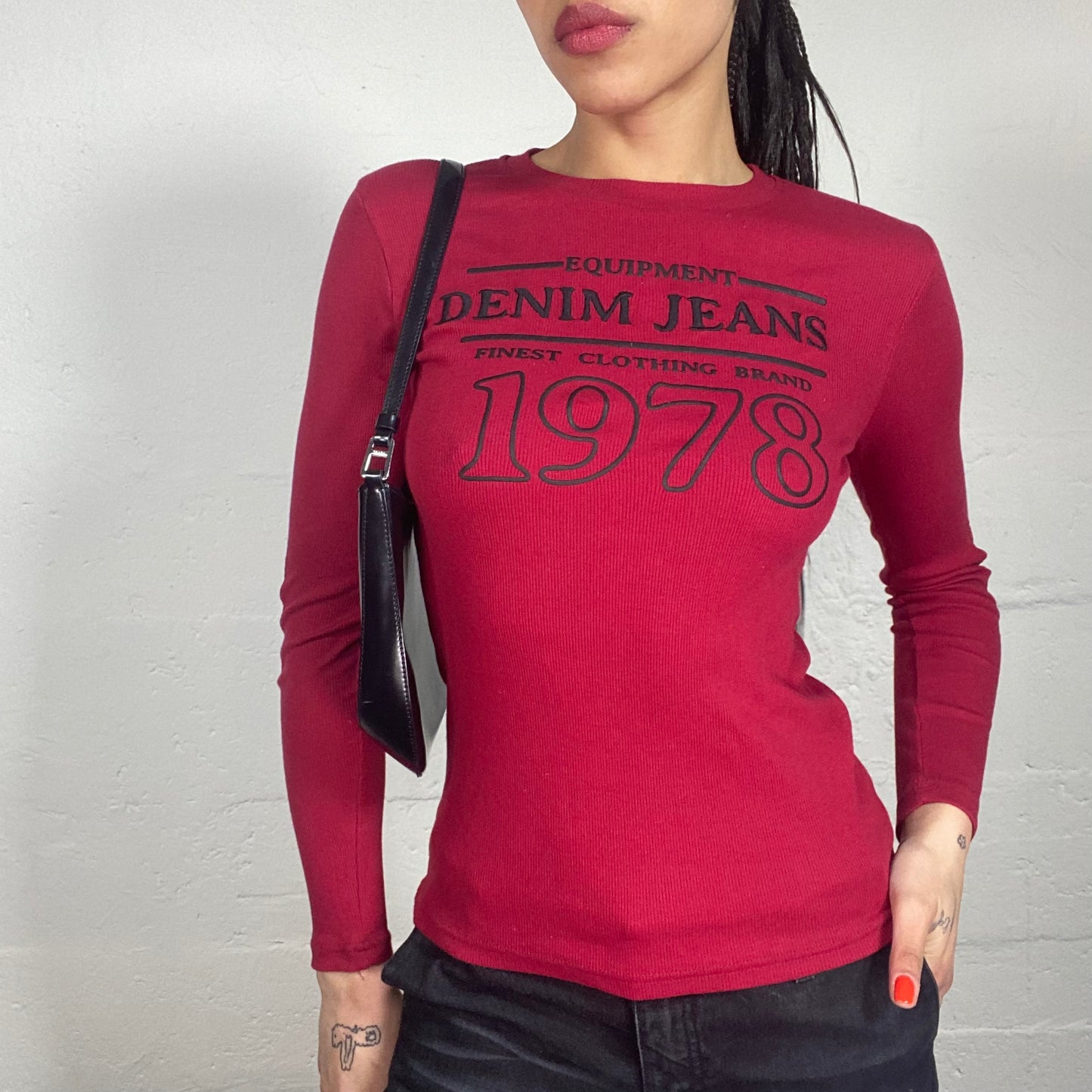 Vintage 2000's Sporty Cherry Red 1978 Printed Longsleeved Top with Elbow Patches (S)