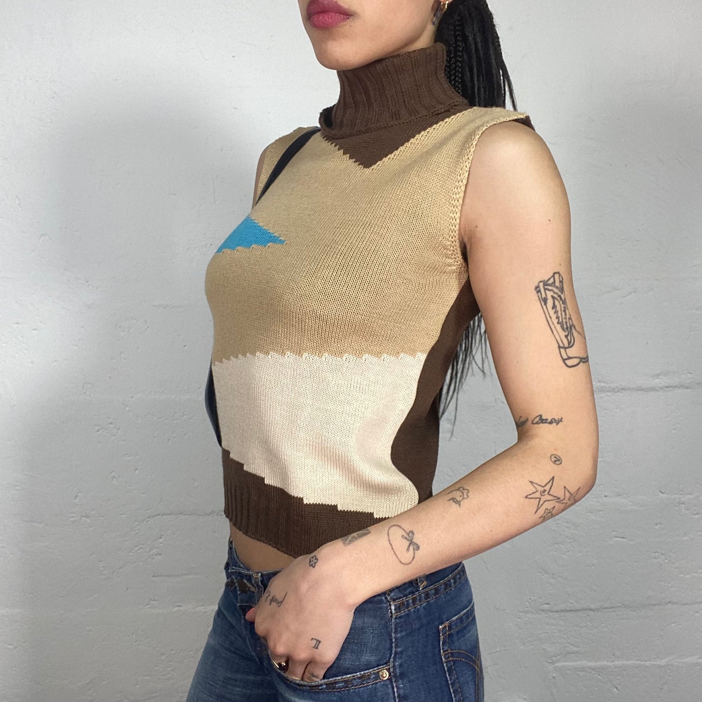 Vintage 90's Downtown Girl Turtleneck Knitted Sleeveless Brown Top with Multicolour Front (S)