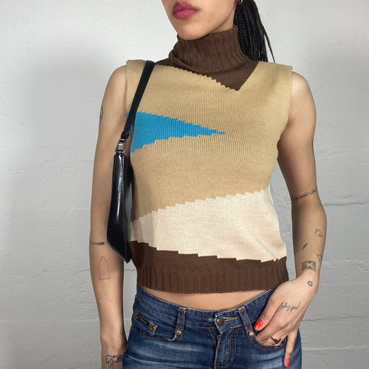 Vintage 90's Downtown Girl Turtleneck Knitted Sleeveless Brown Top with Multicolour Front (S)