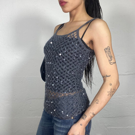 Vintage 90's Downtown Girl Crochet Mesh Cold Grey Cami Top with Matching Tone Sequins (M)