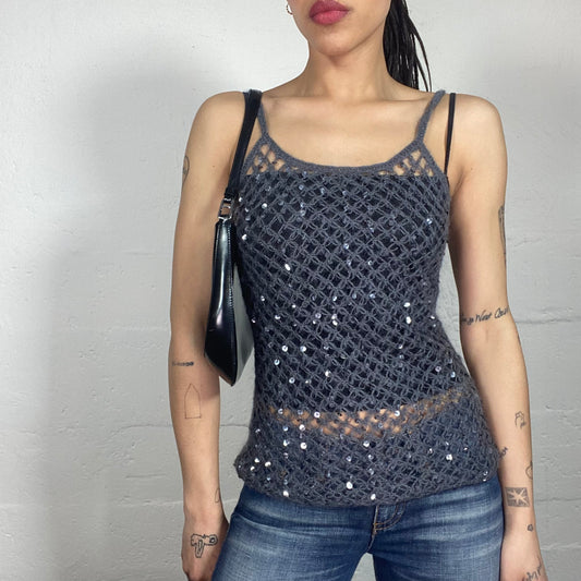 Vintage 90's Downtown Girl Crochet Mesh Cold Grey Cami Top with Matching Tone Sequins (M)