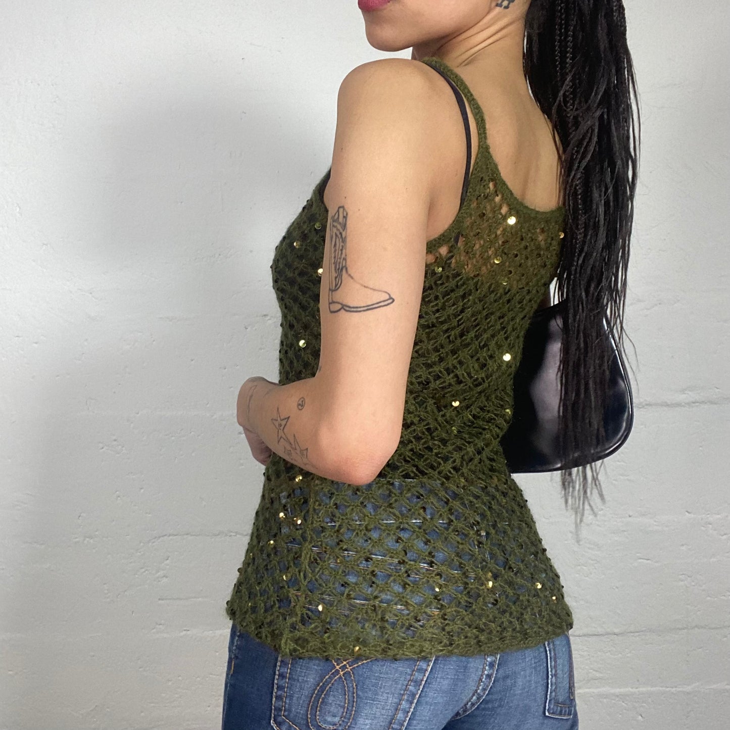 Vintage 90's Boho Khaki Green Crochet Mesh Cami Top with Matching Tone Sequins (M)