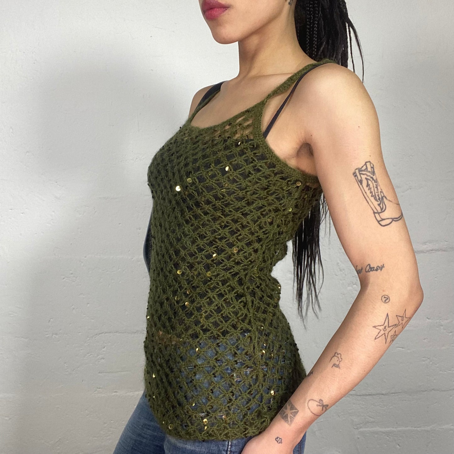 Vintage 90's Boho Khaki Green Crochet Mesh Cami Top with Matching Tone Sequins (M)