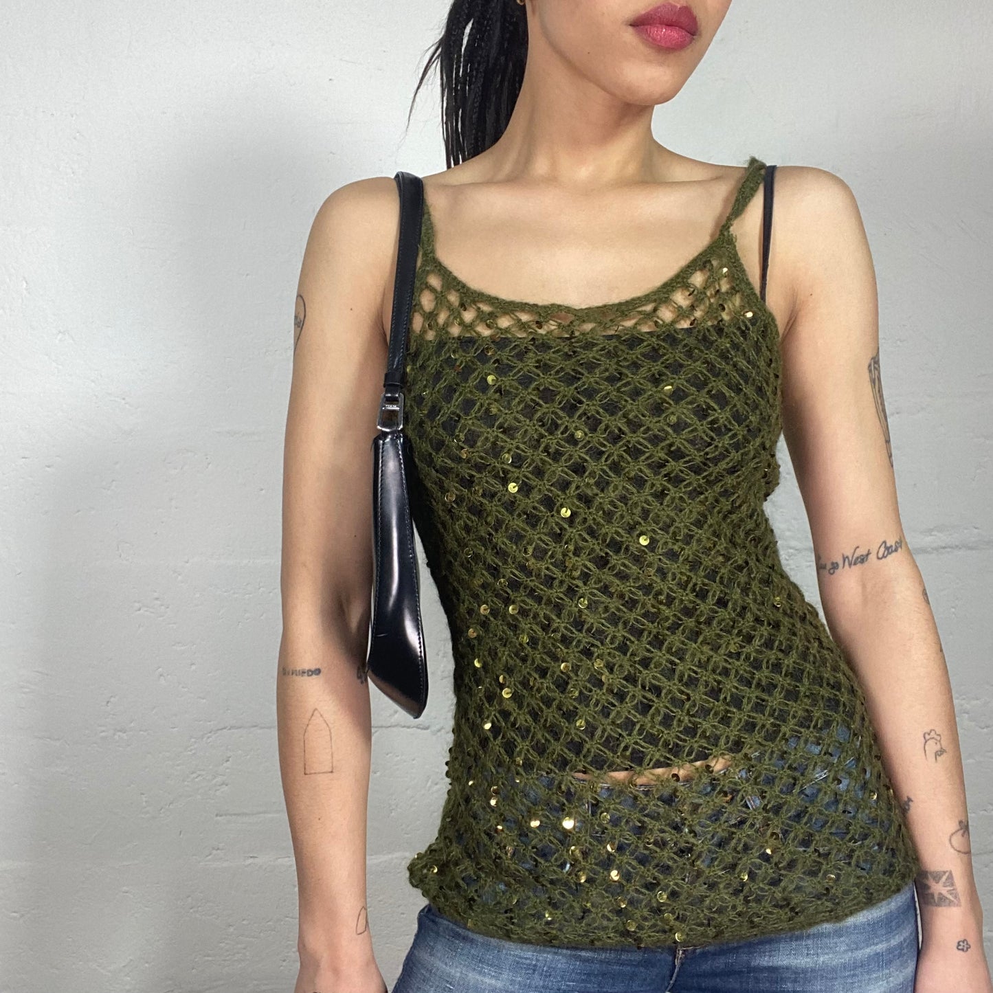 Vintage 90's Boho Khaki Green Crochet Mesh Cami Top with Matching Tone Sequins (M)