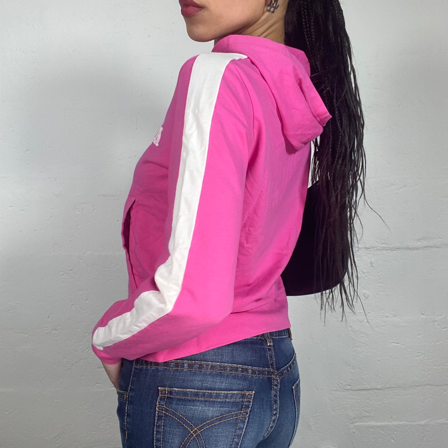 Vintage 2000's Pepe Jeans Sporty Barbie Pink Hooded Zip Up Pullover with White Details (M)