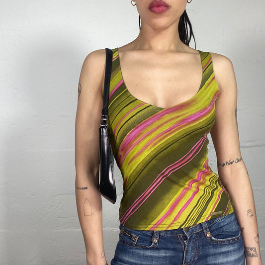 Vintage 90's Morgan Summer Girl Fading Green Tank Top with Pink Accents (S)