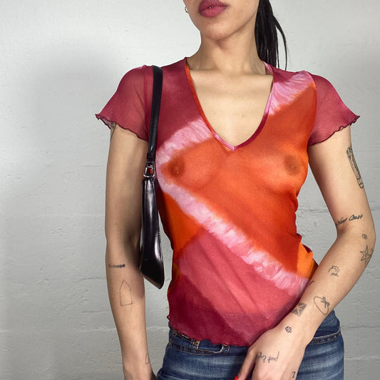 Vintage 90's Morgan Downtown Girl V-Neck Sunset Red and Orange Mesh Printed Tee (S)