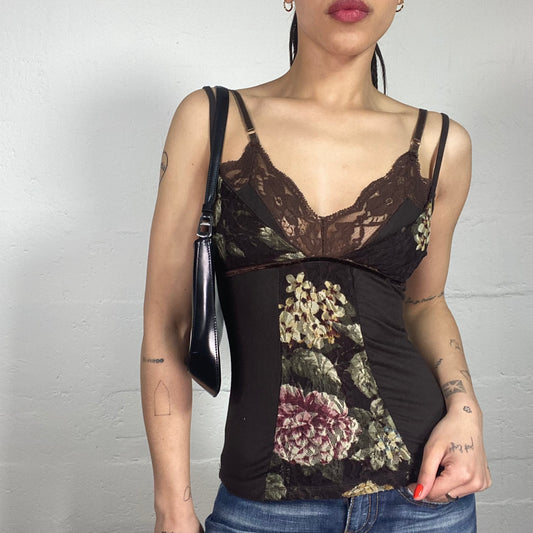 Vintage 2000’s Morgan Romantic Brown Cami Top with Lace Details and Floral Print (S)
