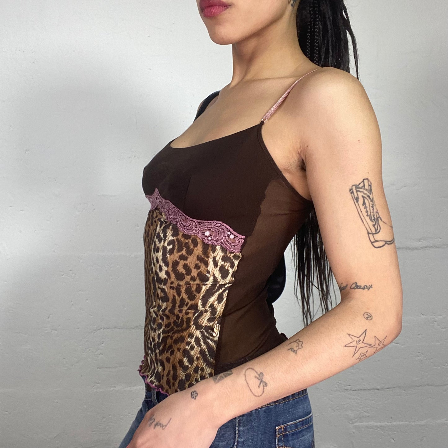 Vintage 2000s Morgan Romantic Night Out Multicoloured Animal Print Cami Top with Pink Lace Details (S)