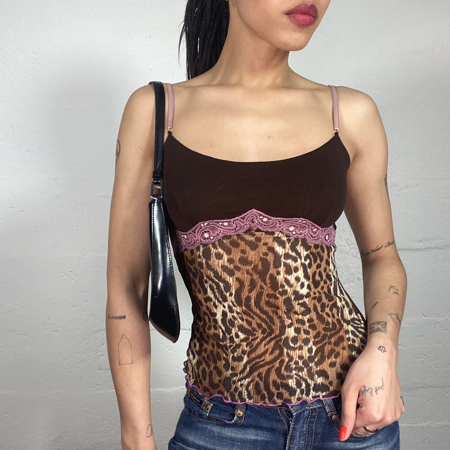 Vintage 2000s Morgan Romantic Night Out Multicoloured Animal Print Cami Top with Pink Lace Details (S)