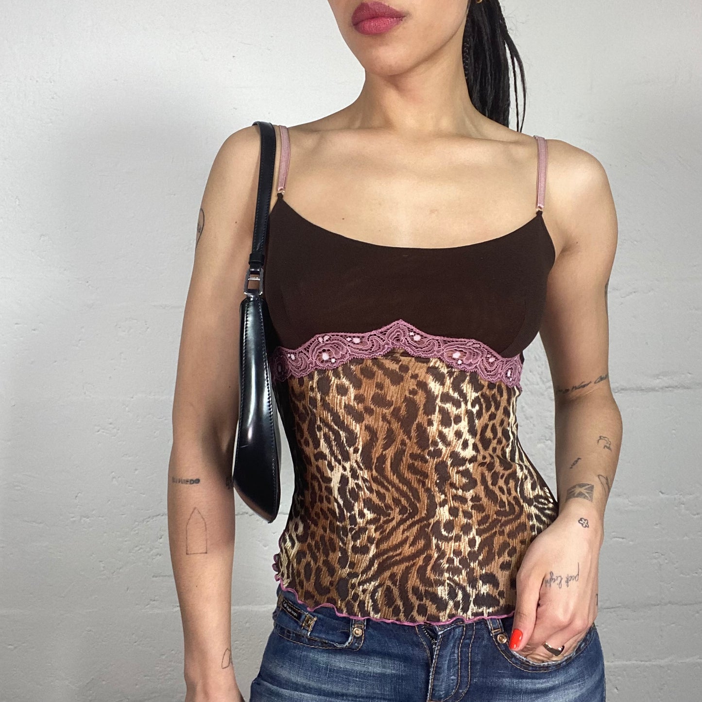 Vintage 2000s Morgan Romantic Night Out Multicoloured Animal Print Cami Top with Pink Lace Details (S)