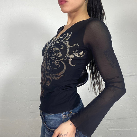 Vintage 90’s Vampy Black Printed V-Neck Top with Mesh See-Through Sleeves (S)