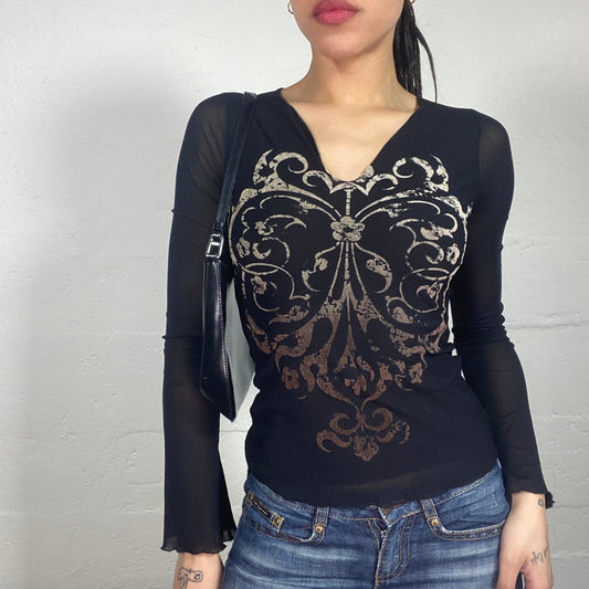 Vintage 90’s Vampy Black Printed V-Neck Top with Mesh See-Through Sleeves (S)