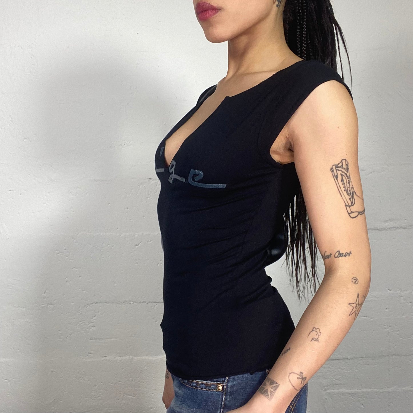 Vintage 2000’s Racer Girl Black V-Neck Cut Top with Angel Shiny Typo Print (S)