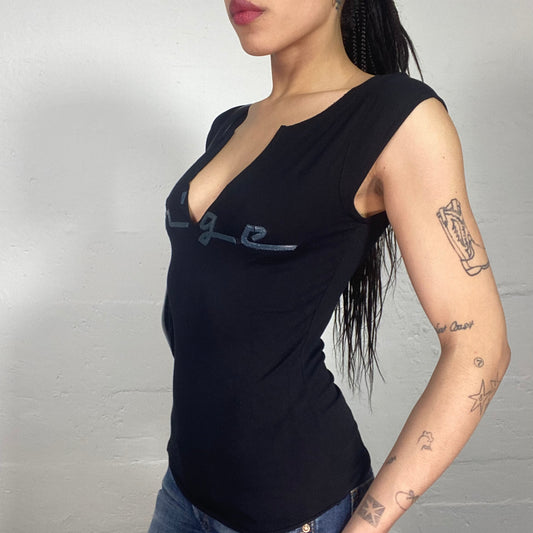 Vintage 2000’s Racer Girl Black V-Neck Cut Top with Angel Shiny Typo Print (S)