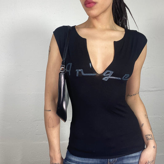 Vintage 2000’s Racer Girl Black V-Neck Cut Top with Angel Shiny Typo Print (S)