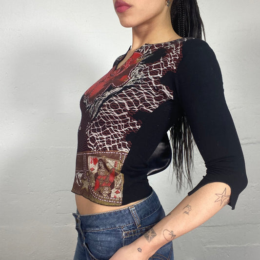 Vintage 2000’s Downtown Girl Longsleeve 3/4 Top with Rose and Denim Print (S)