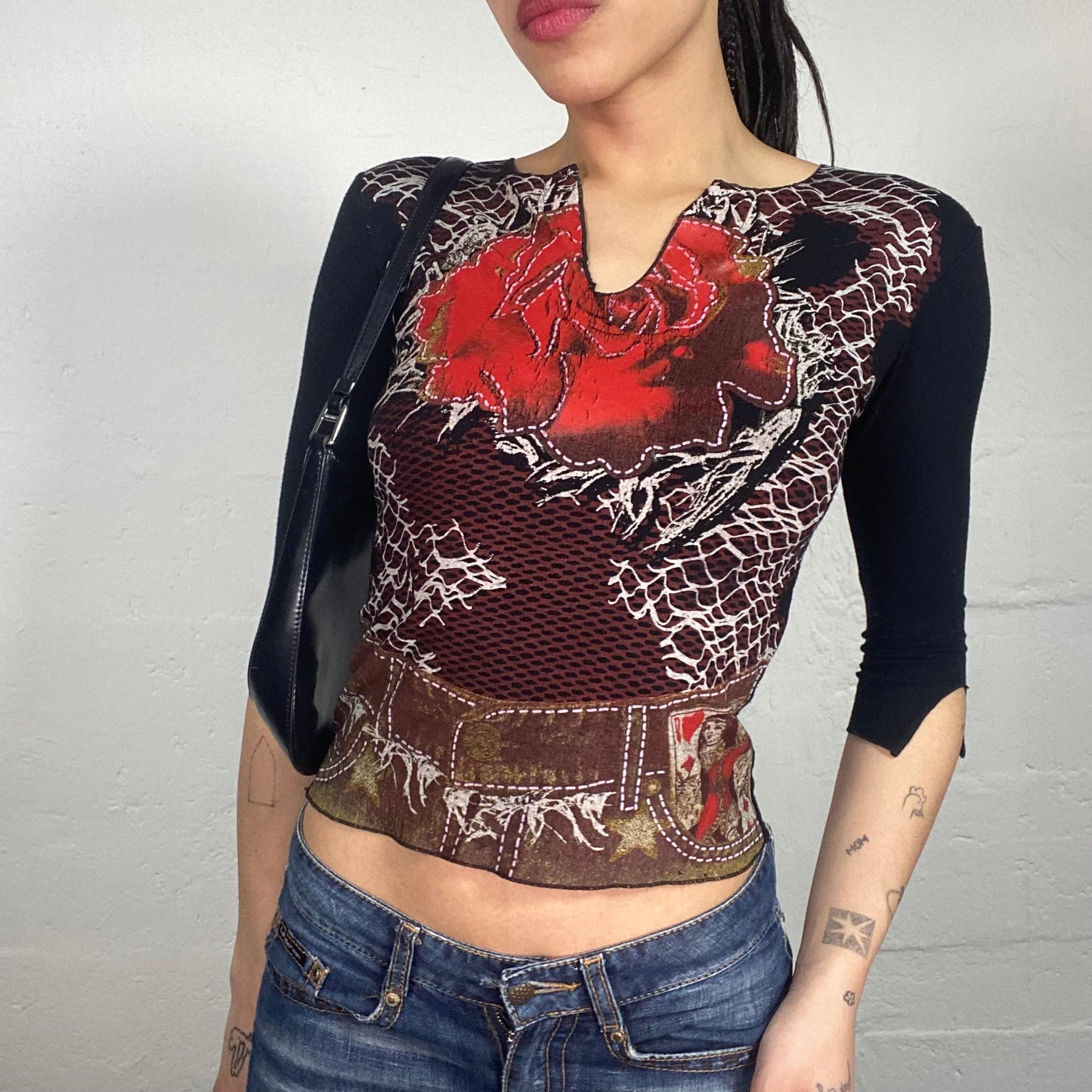 Vintage 2000’s Downtown Girl Longsleeve 3/4 Top with Rose and Denim Print (S)