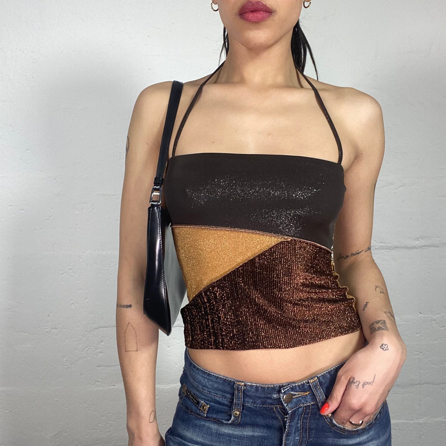 Vintage 90’s Earthy Girl Clubwear Multicoloured Shiny Neckholder Top (S)