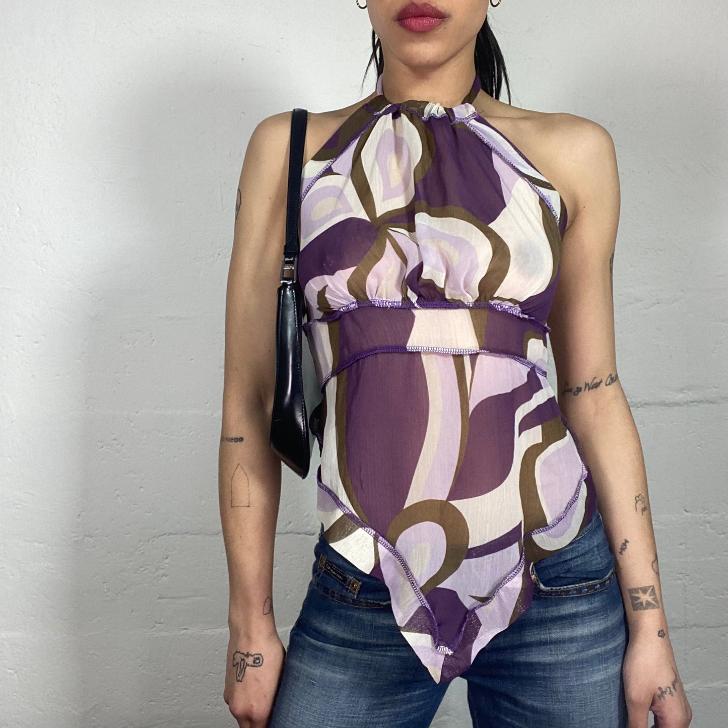 Vintage 90’s Summer Purple Shiffon Wavy Printed Neckholder Top with Bindings (XS/S)