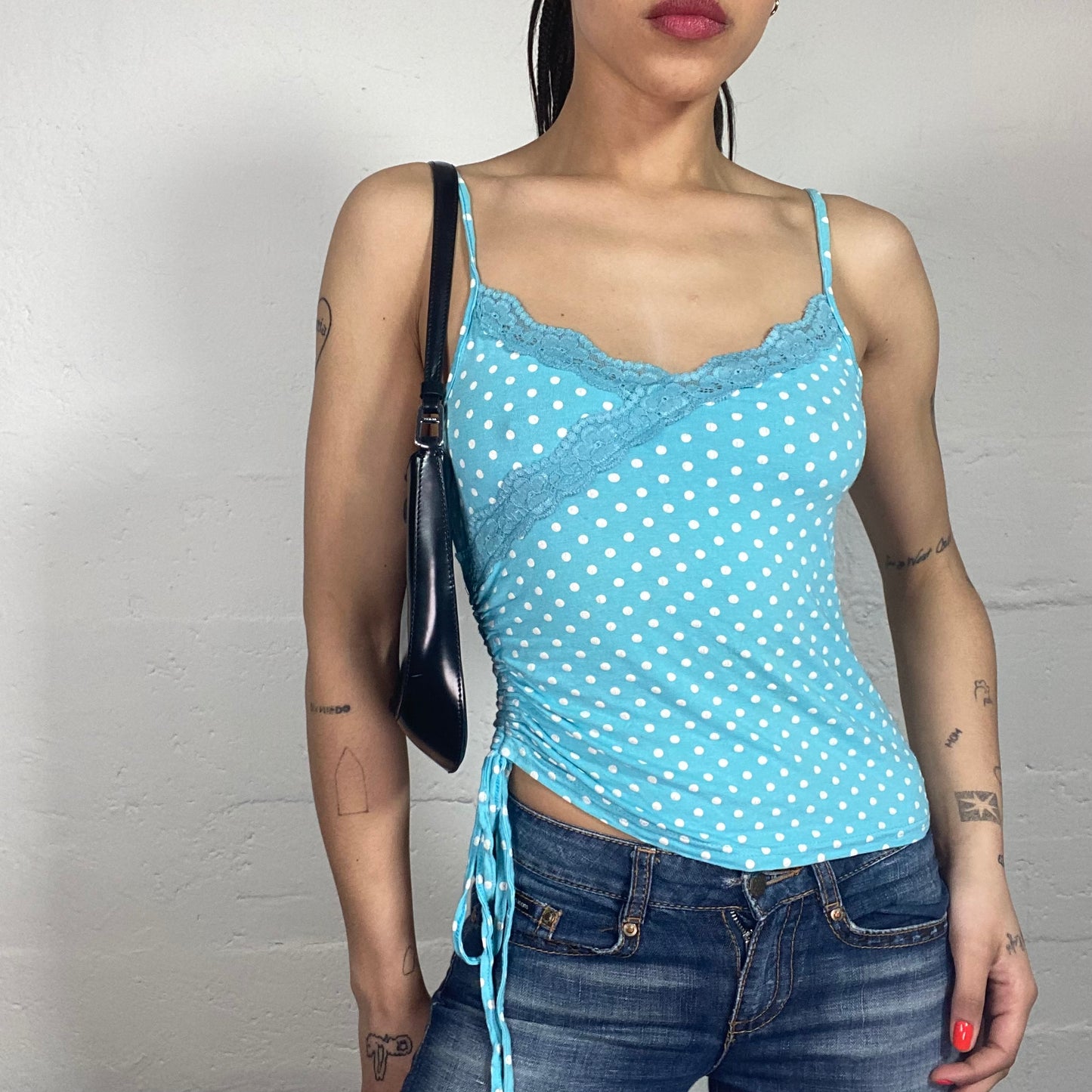 Vintage 90’s Coquette Baby Blue Polka Dot Cami Top with Lace Trim and Side Rubbers (S)