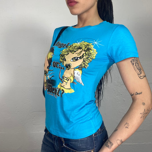 Vintage 2000’s Downtown Girl Bright Blue Baby Tee with Angel or Devil Cartoon Print (S)