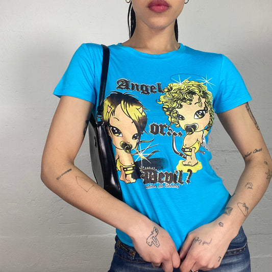 Vintage 2000’s Downtown Girl Bright Blue Baby Tee with Angel or Devil Cartoon Print (S)