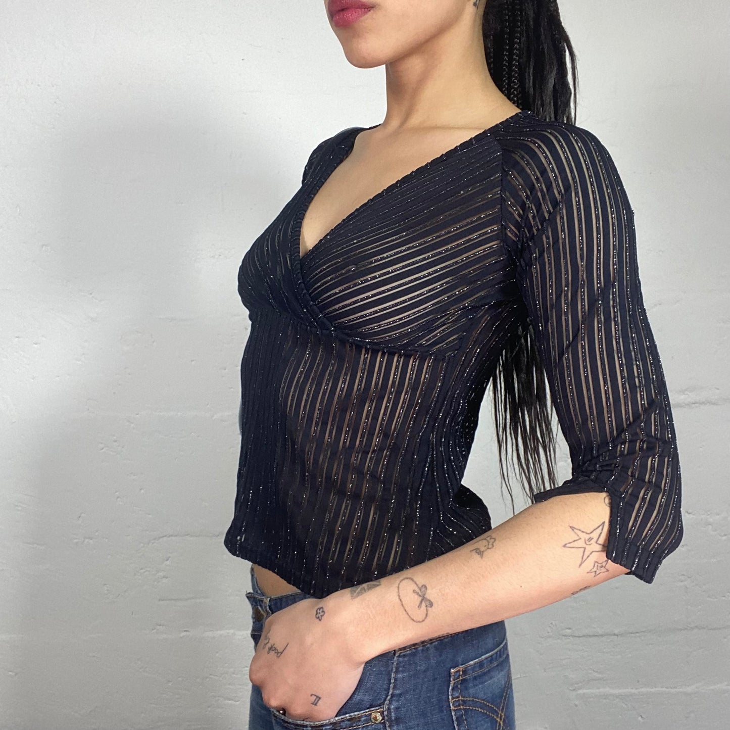 Vintage 90’s Clubwear Black Shiny See-Through V-Neck 2/4 Striped Top (S)