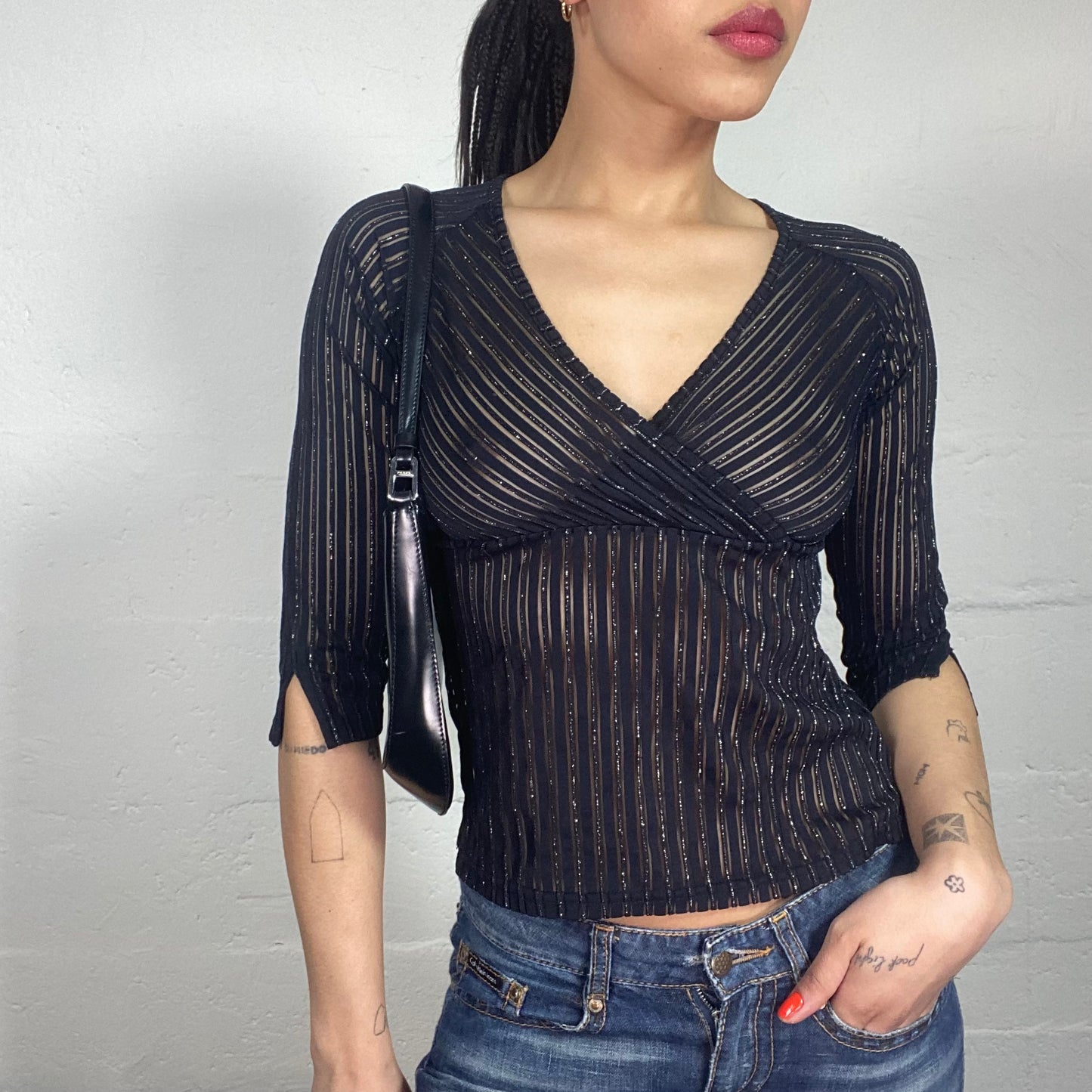 Vintage 90’s Clubwear Black Shiny See-Through V-Neck 2/4 Striped Top (S)