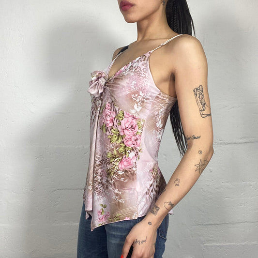 Vintage 90’s Mob Wife Faded Pink Cheetah Printed Asymmetric Cami Top with Middle Rosette (S)