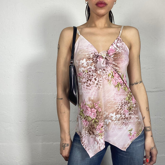 Vintage 90’s Mob Wife Faded Pink Cheetah Printed Asymmetric Cami Top with Middle Rosette (S)