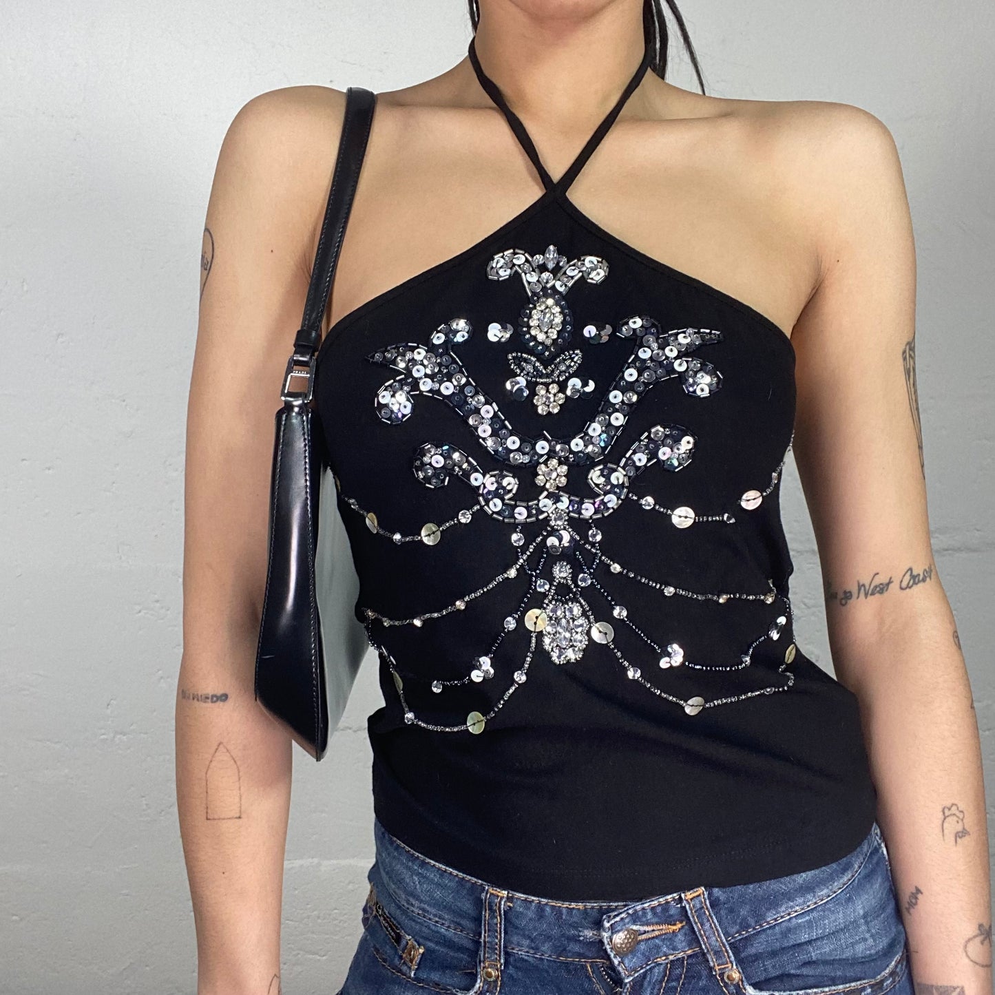 Vintage 90’s Morgan Clubwear Black Neckholder Top with Shiny Sequins Embroidery  (S)