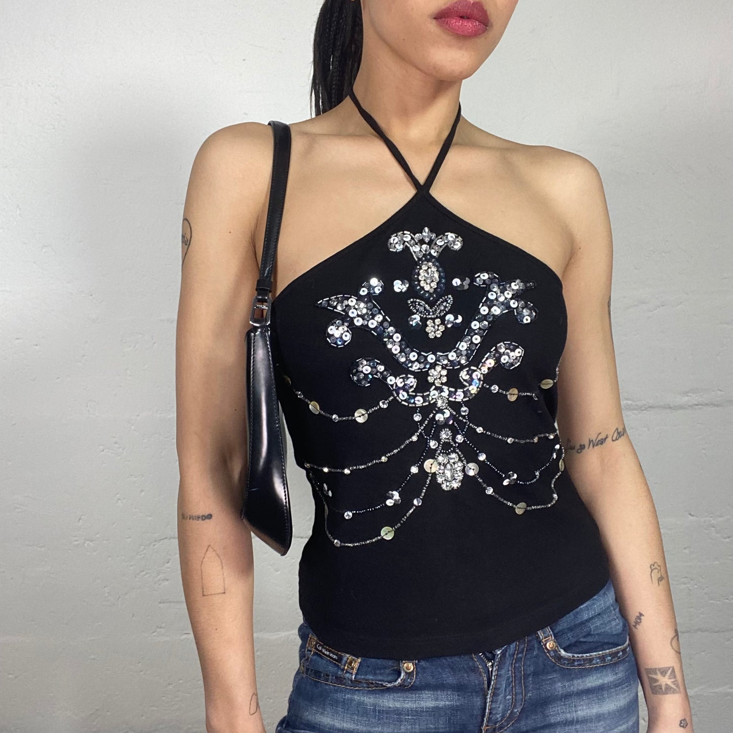 Vintage 90’s Morgan Clubwear Black Neckholder Top with Shiny Sequins Embroidery  (S)