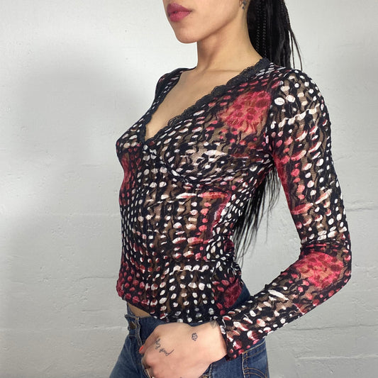 Vintage 90's Romantic Futuristic Printed Longsleeve Top with Red Accents and Lace Trim (S/M)