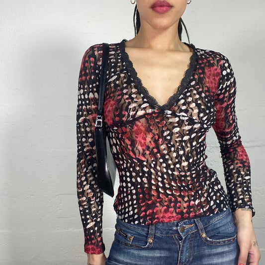 Vintage 90's Romantic Futuristic Printed Longsleeve Top with Red Accents and Lace Trim (S/M)