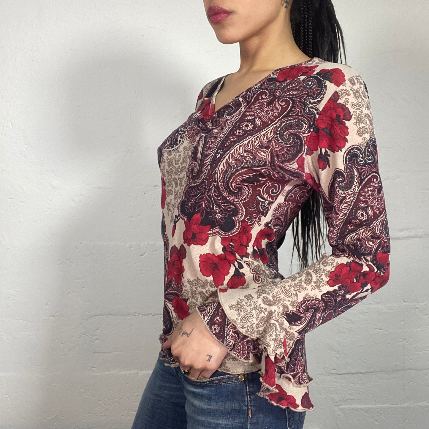 Vintage 90's Gothic Boho Printed Longsleeved Top with Ruffles and V-Neck (38/40)