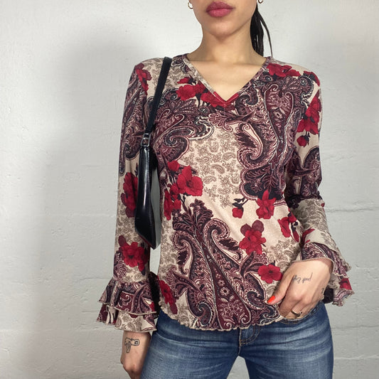 Vintage 90's Gothic Boho Printed Longsleeved Top with Ruffles and V-Neck (38/40)