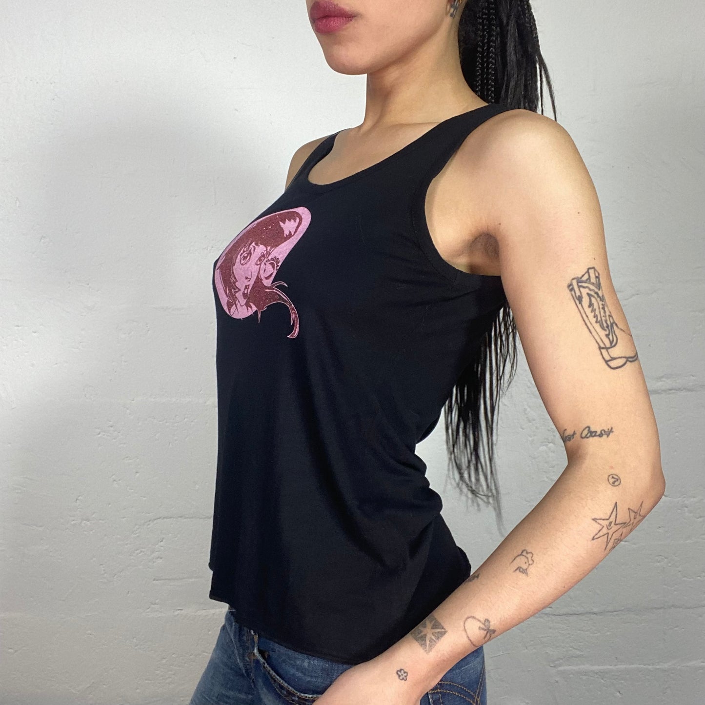 Vintage 90's Morgan Downtown Party Girl Black Tank Top with Pink Cartoon Print (S/M)