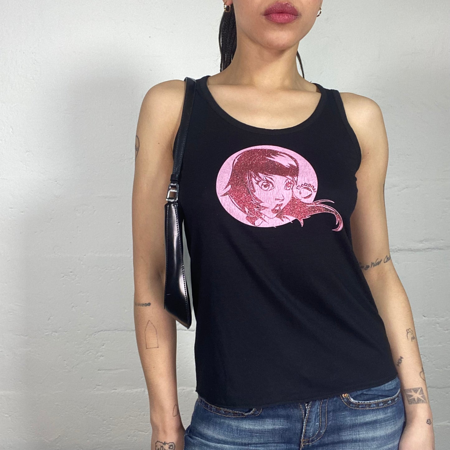 Vintage 90's Morgan Downtown Party Girl Black Tank Top with Pink Cartoon Print (S/M)