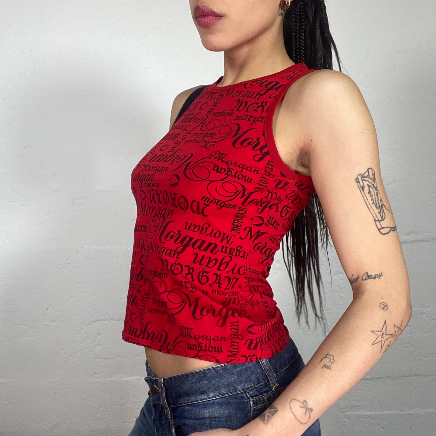 Vintage 90's Morgan Red Tank Top with Black Logo Typography Print (S)