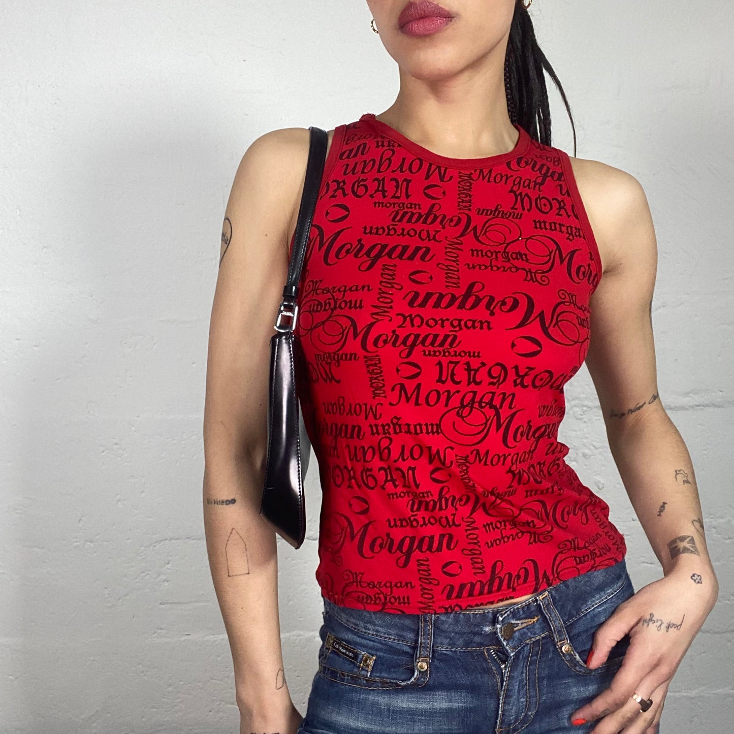 Vintage 90's Morgan Red Tank Top with Black Logo Typography Print (S)