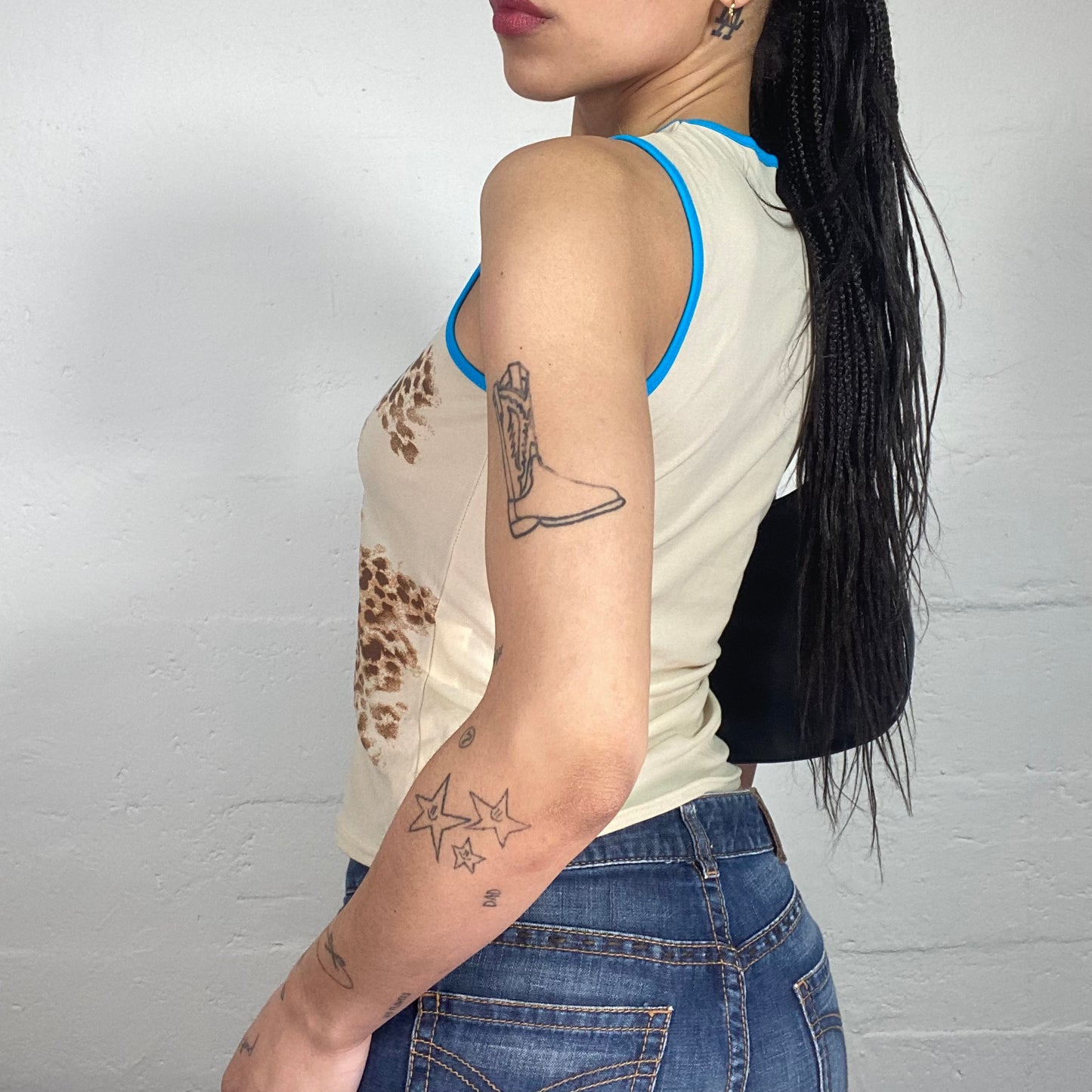 Vintage 90's Morgan Cheetah Girl Beige Animal Print Tank Top with Aqua Blue Floral Detail (S/M)