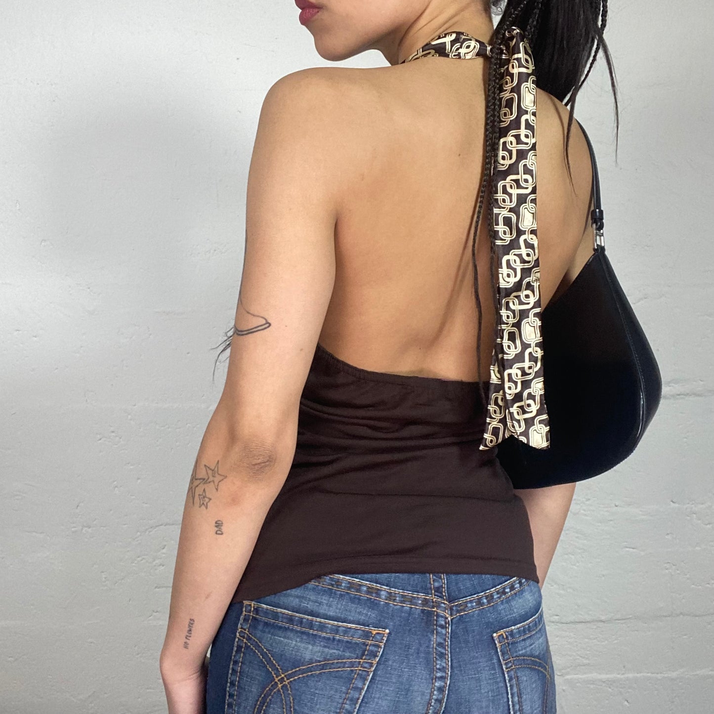 Vintage 2000's Upper East Side Style Brown Top with Silky Printed Bra and Open Back (M)