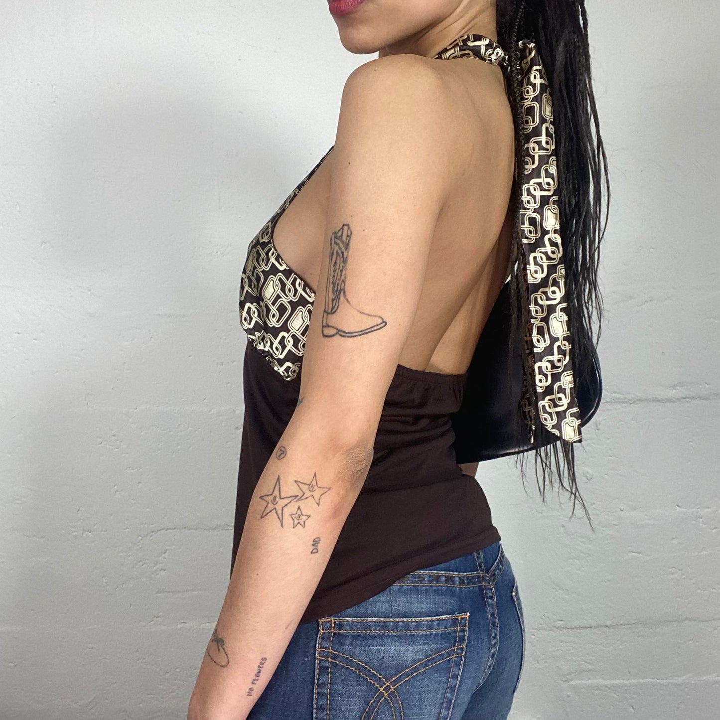 Vintage 2000's Upper East Side Style Brown Top with Silky Printed Bra and Open Back (M)