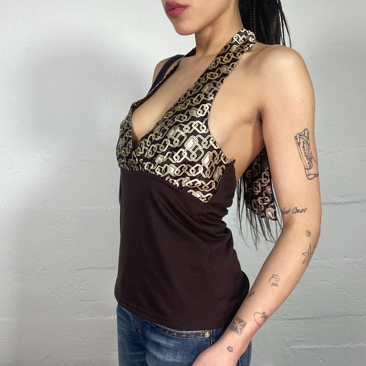 Vintage 2000's Upper East Side Style Brown Top with Silky Printed Bra and Open Back (M)