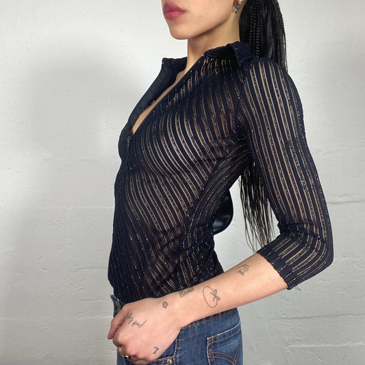 Vintage 2000's Corporate Girl Shiny See-Through Striped Zip Up 3/4 Sleeve Top (S)