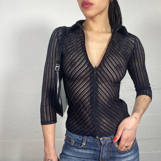 Vintage 2000's Corporate Girl Shiny See-Through Striped Zip Up 3/4 Sleeve Top (S)