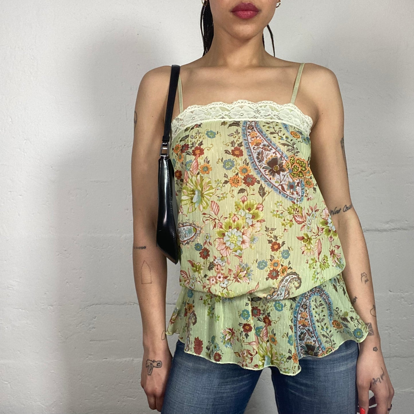 Vintage 90's Indie Girl Light Green Paisley Printed Cami Top with Lace Trim and Bottom Ruffles (S/M)