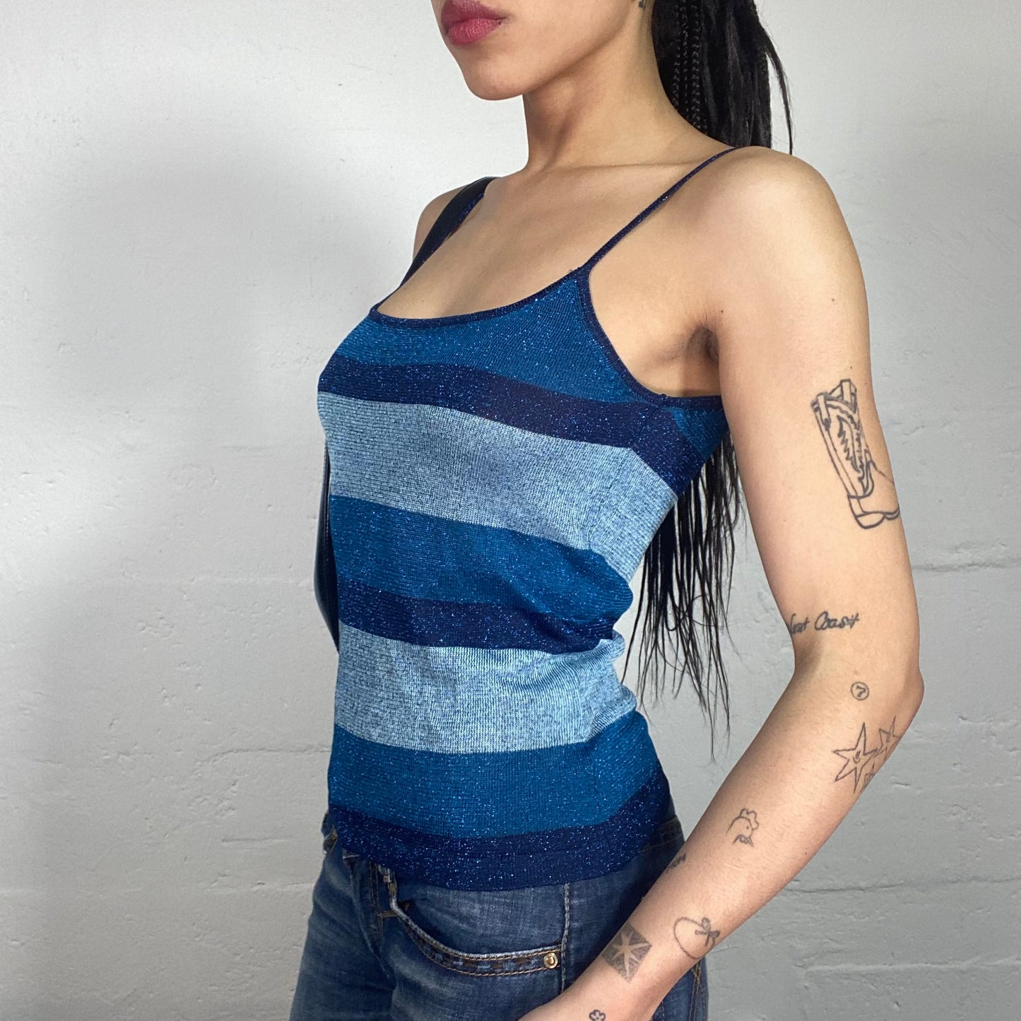 Vintage 90's Morgan Summer Clubwear Blue Shiny Striped Cami Top (S)